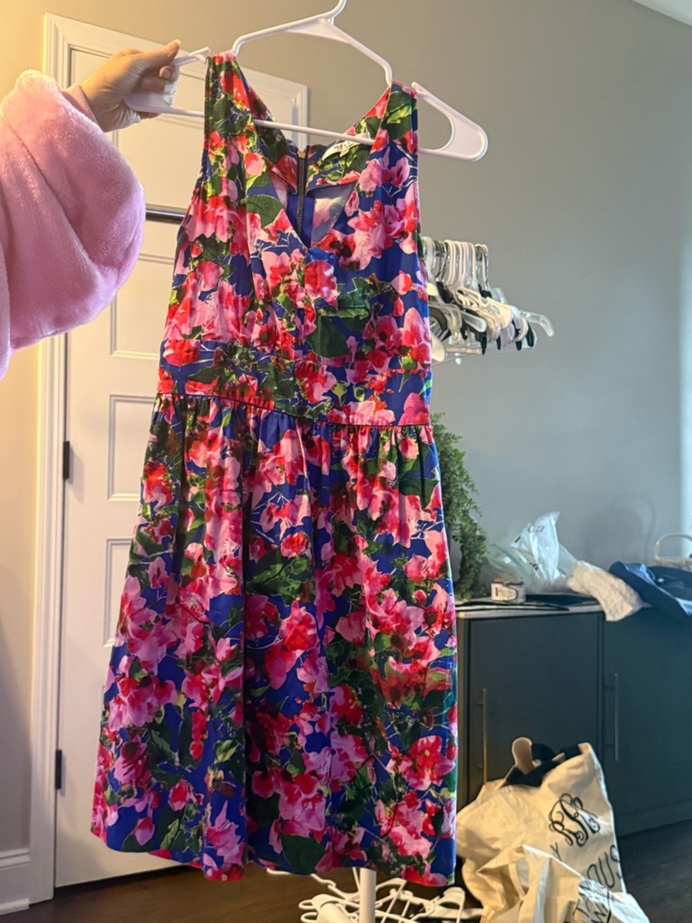 Milly Floral Fit-and-Flare Dress in Blue with Pink & Green Blossoms